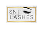 Eni Lashes Logo. Grey and white marble background, gold rectangle border and Eyelash with eyebrow logo image